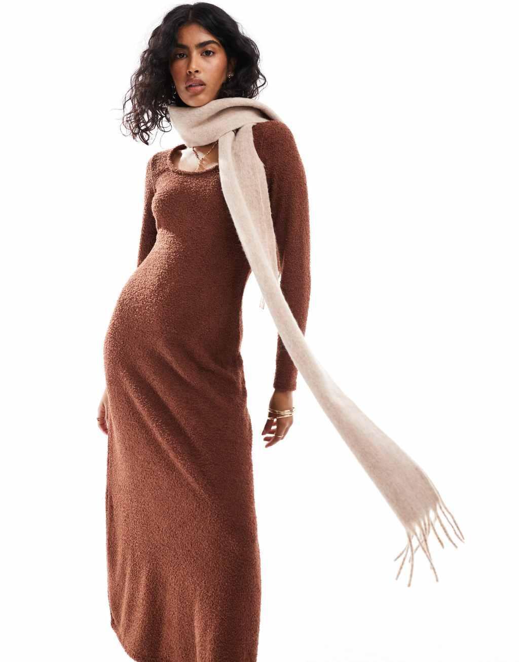 ASOS DESIGN wool mix scarf in beige tassel design Product Image