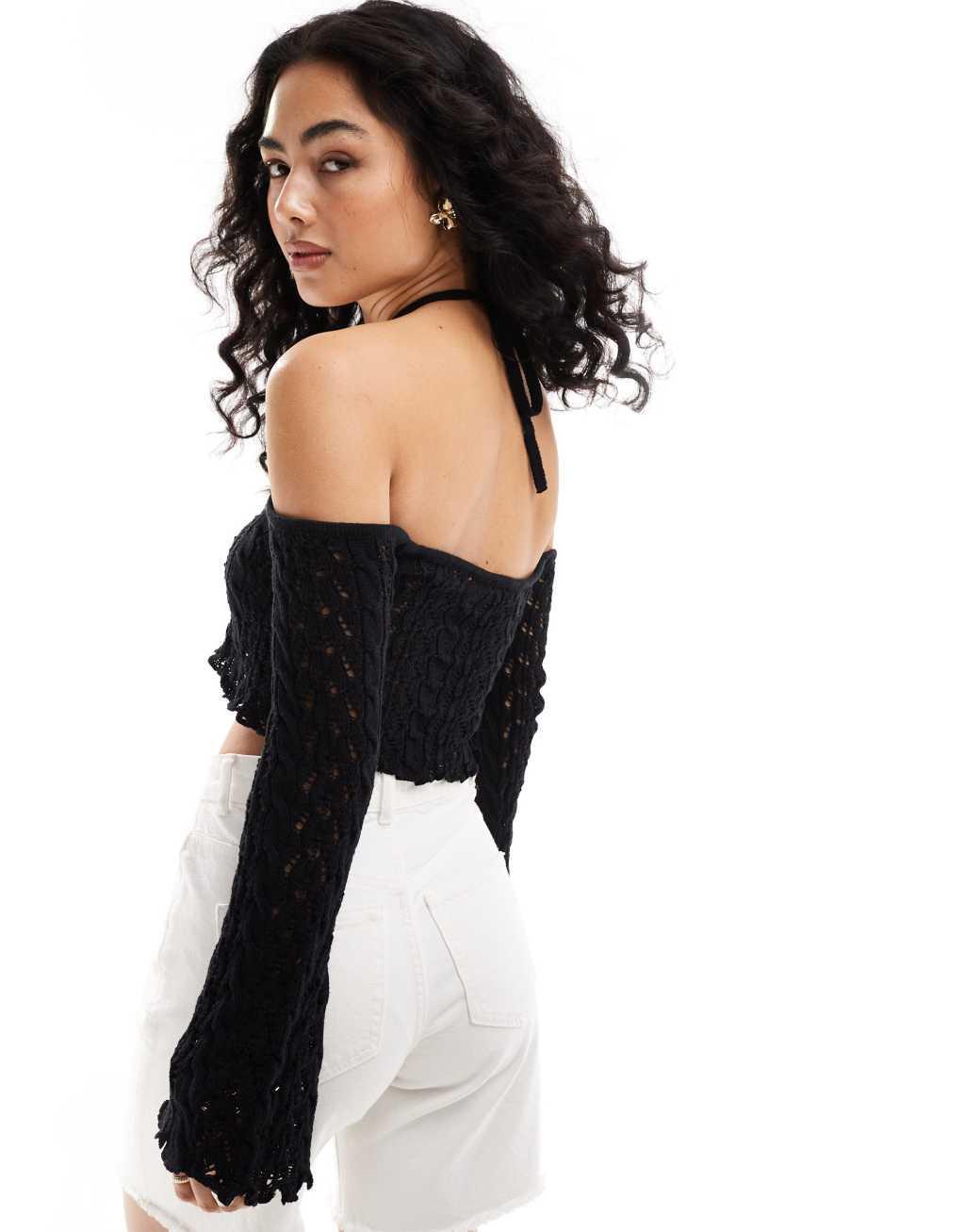 Miss Selfridge crochet long sleeve halter neck in black Product Image