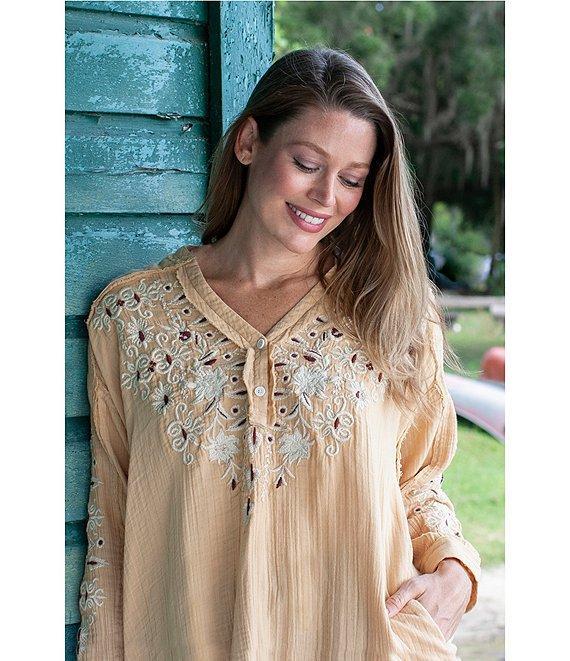 75813   Joan Vintage Inspired Floral Embroidered Long Sleeve Split V-Neck Raw High-Low Hem Boho Chic Tunic by Caite & Kyla Product Image