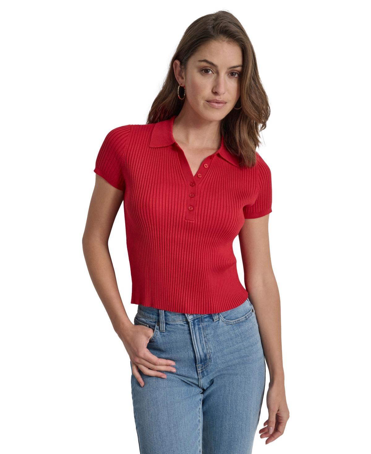 Dkny Jeans Womens Short-Sleeve Ribbed Knit Polo Shirt Product Image