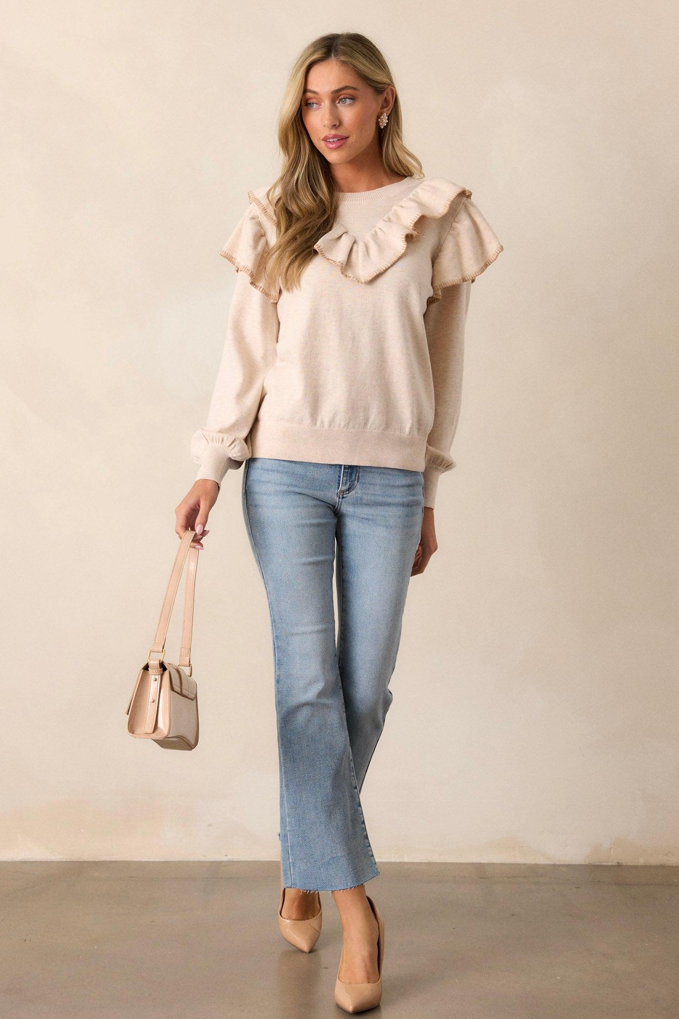 Silent Running Beige Long Sleeve Sweater Top Product Image