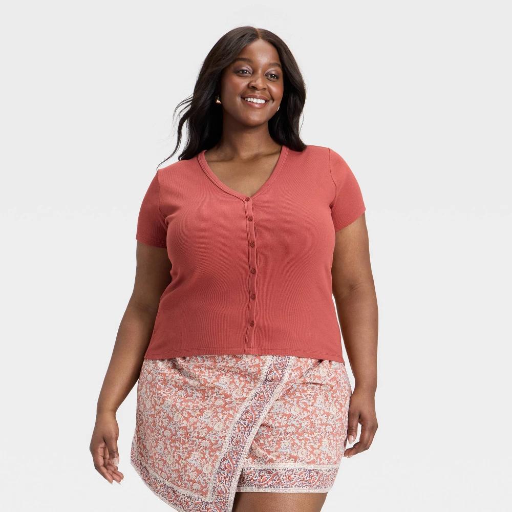Women's Short Sleeve V-Neck Button-Down Shirt - Universal Thread™ Rust M Product Image