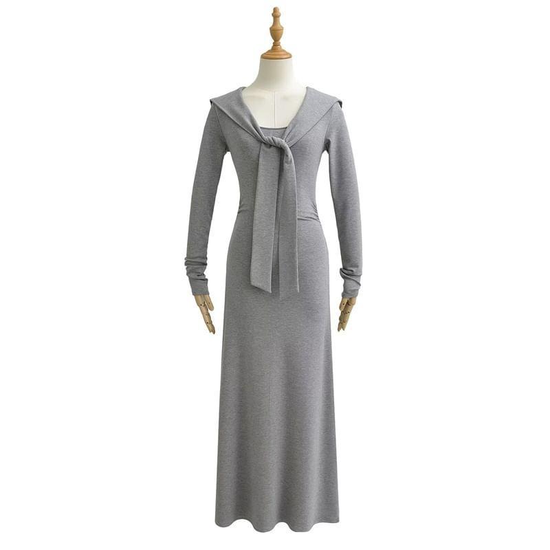 Long-Sleeve Tie-Neck Plain Midi A-Line Dress Product Image