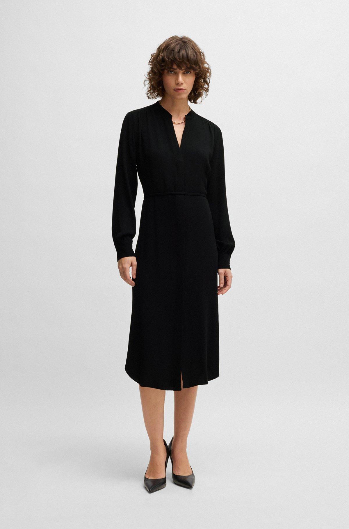 Belted dress with collarless V neckline and button cuffs Product Image