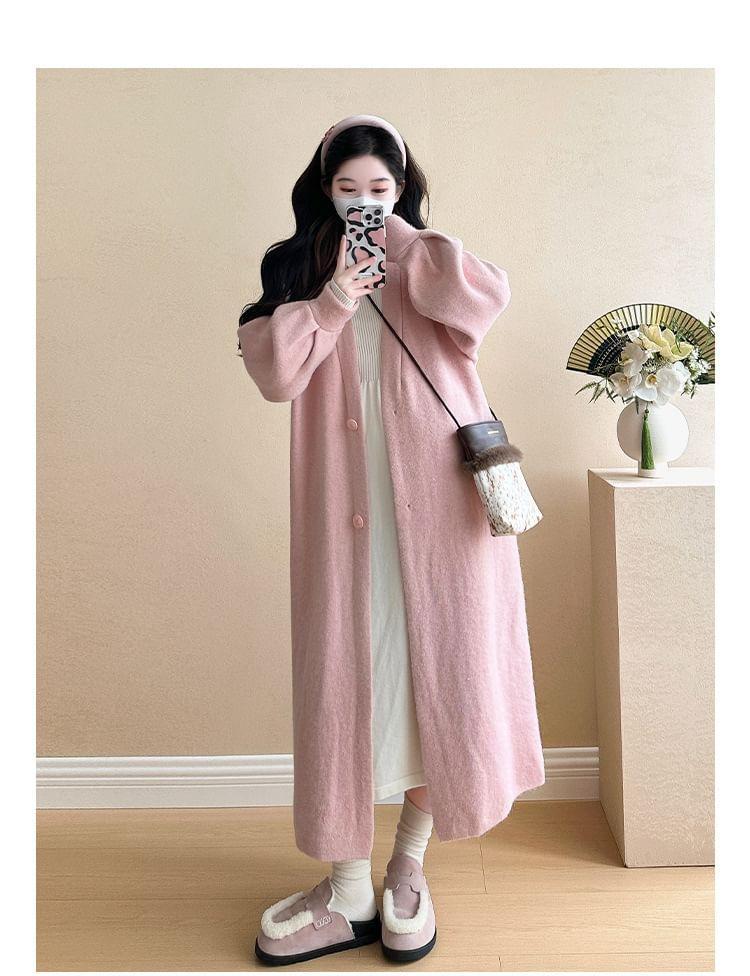 Maternity Long-Sleeve Mock Neck Plain Midi A-Line Knit Dress / V-Neck Button-Up Long Cardigan Product Image