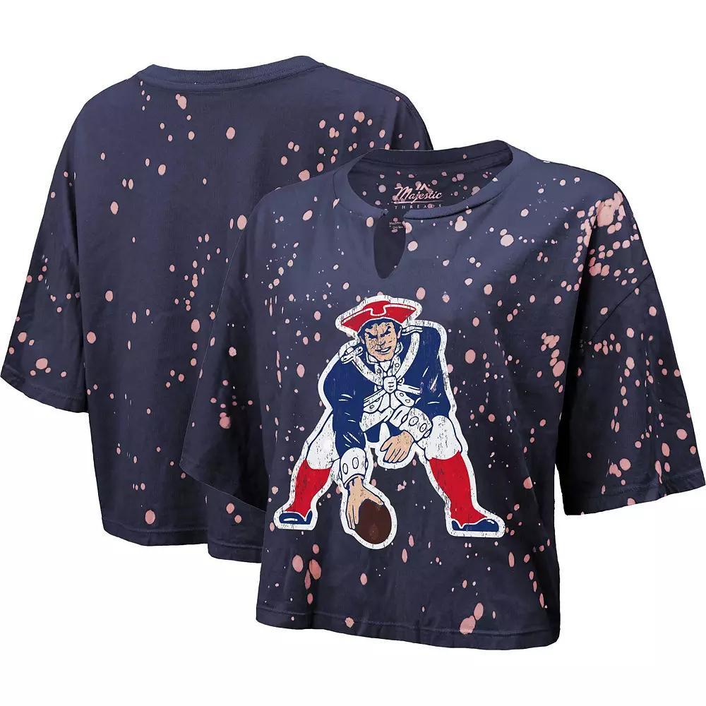 Women's Majestic Threads Navy New England Patriots Bleach Splatter Notch Neck Crop T-Shirt,  Product Image