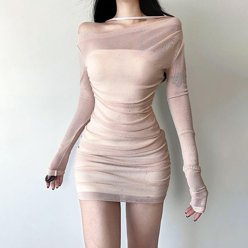 Long-Sleeve Boatneck Mesh Mini Bodycon Dress Product Image