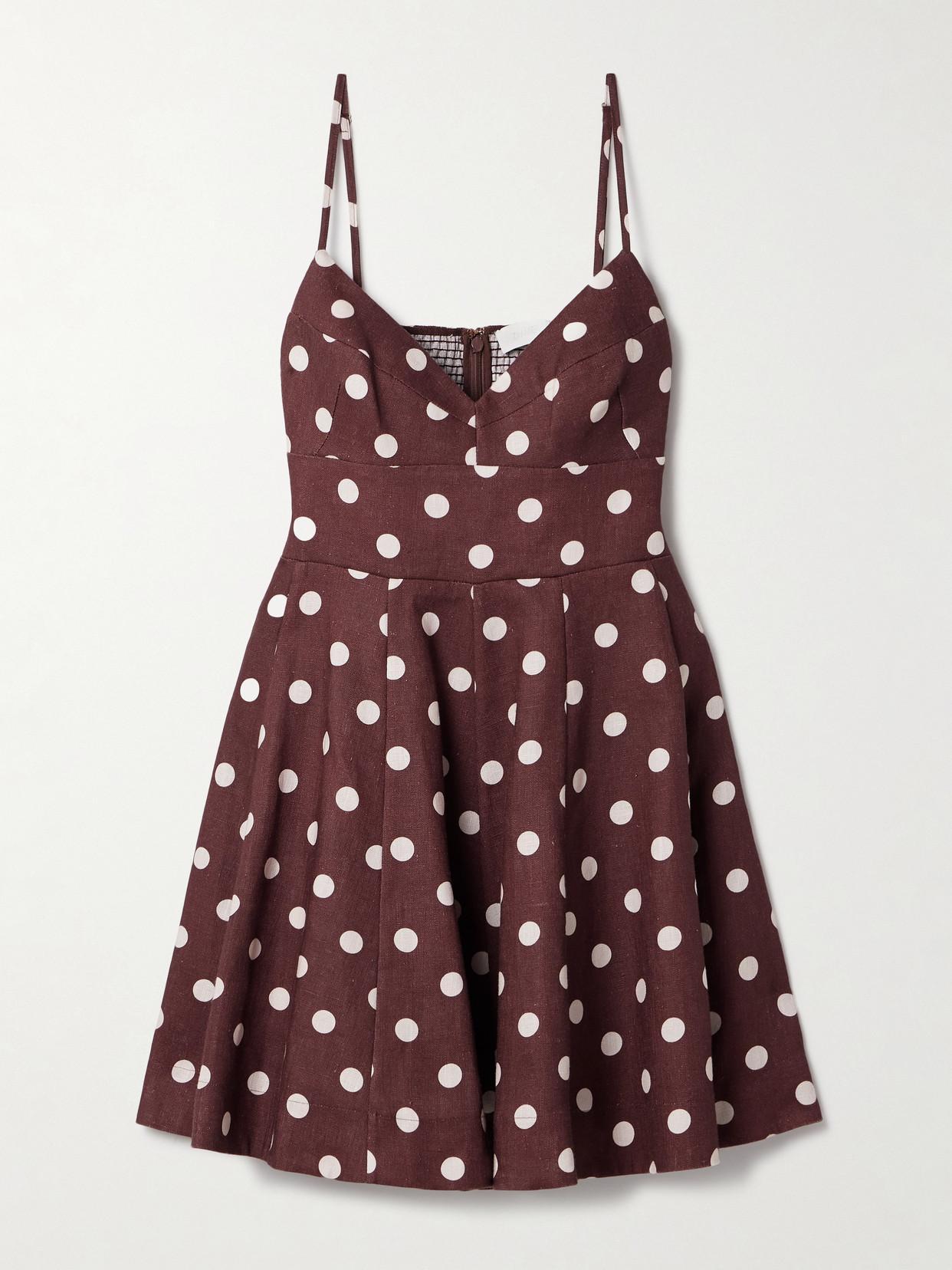 ZIMMERMANN Acacia Polka-dot Linen Fit-and-flare Mini Dress In Brown Product Image