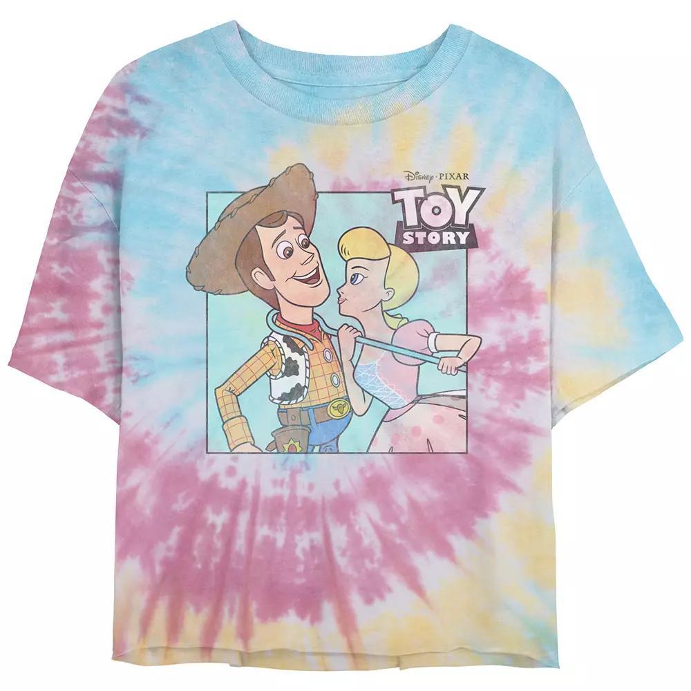 Disney / Pixar's Toy Story Woody And Bo Peep About To Kiss Juniors' Cropped Tie Dye Graphic Tee, Women's, Size: Medium, Blue Pink Light Yellow Product Image