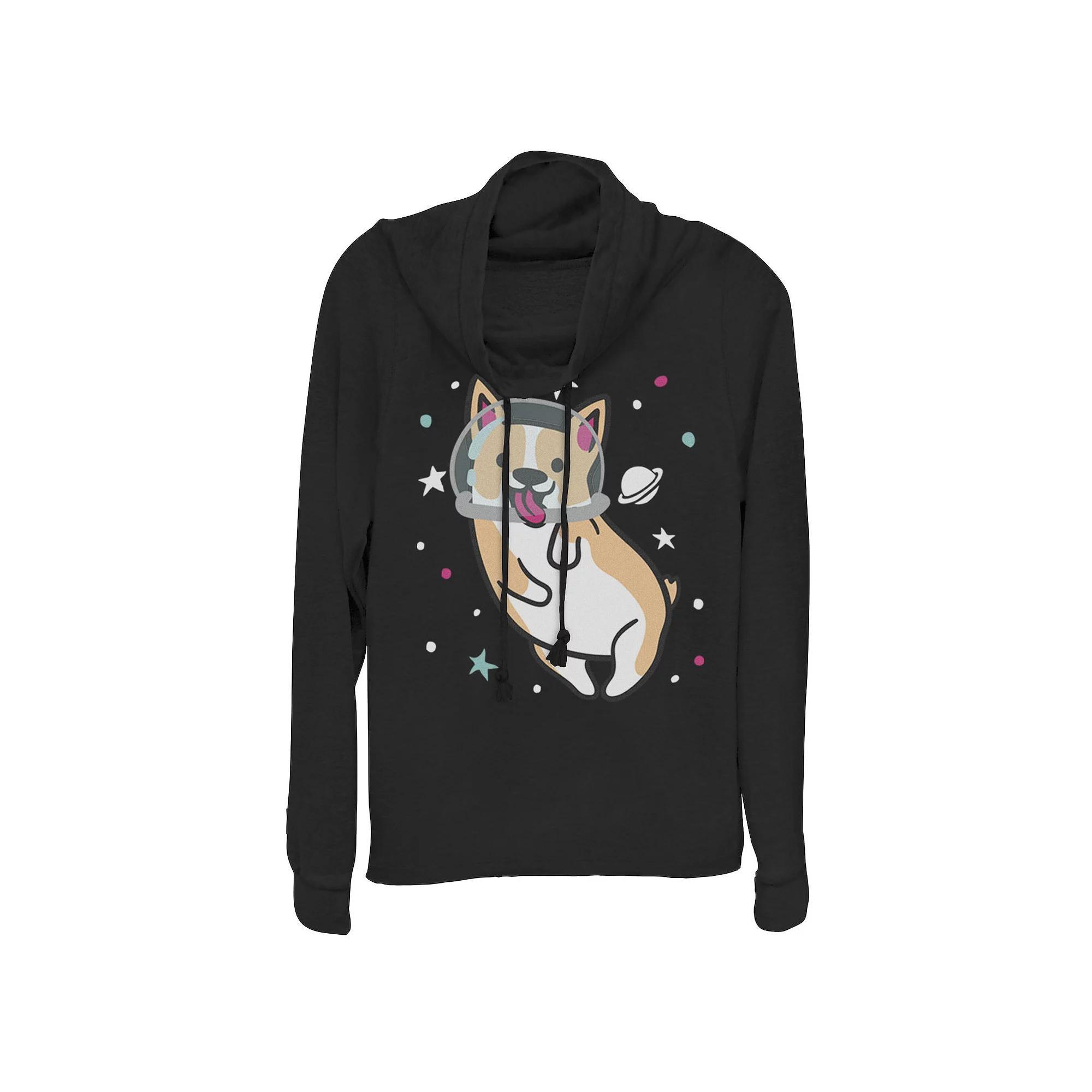 Juniors' Space Corgi Cowlneck Graphic Lightweight Long Sleeve, Girl's,  Product Image