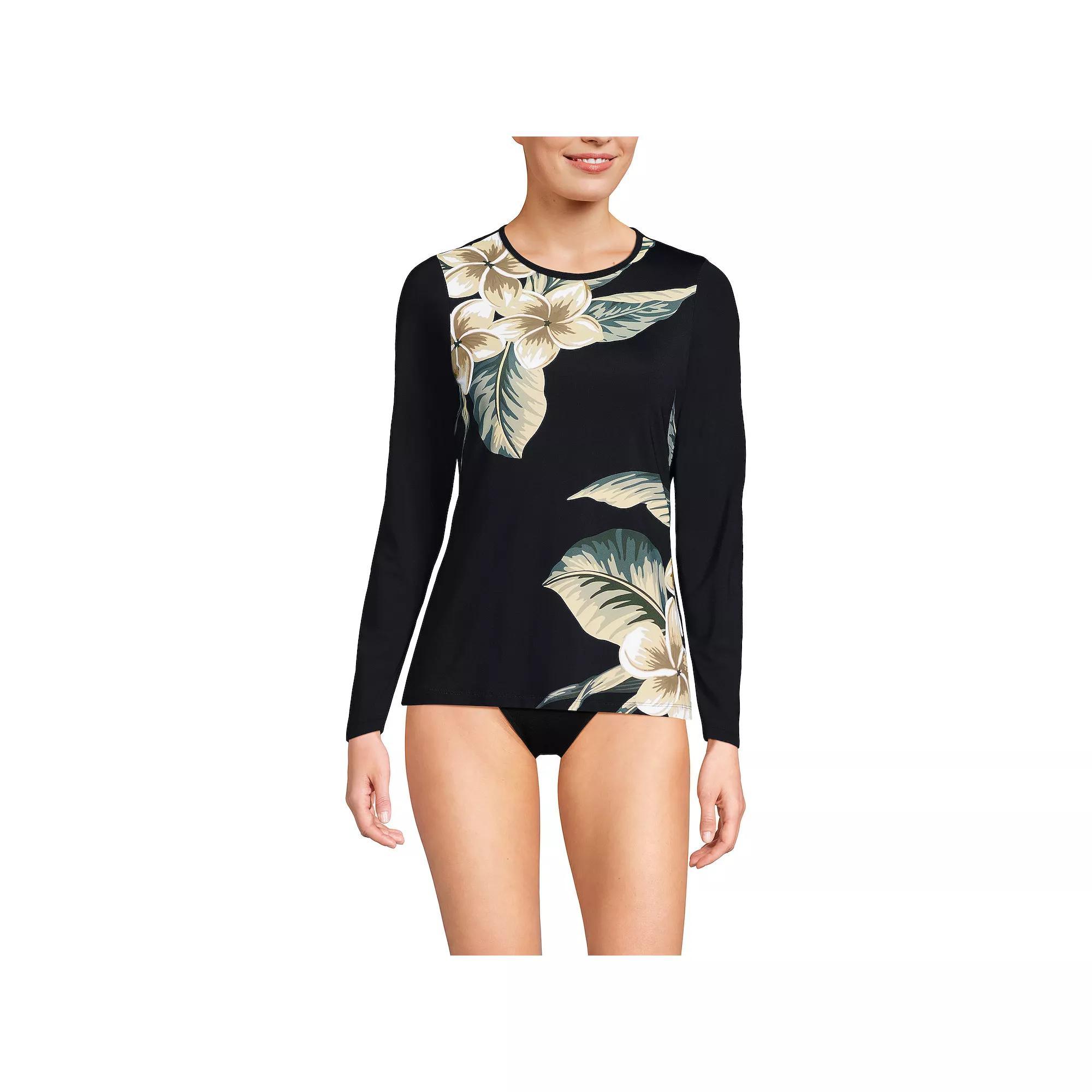 Women's Lands' End UPF 50 Long Sleeve Rash Guard, Size: XL, Black Plumeria Product Image