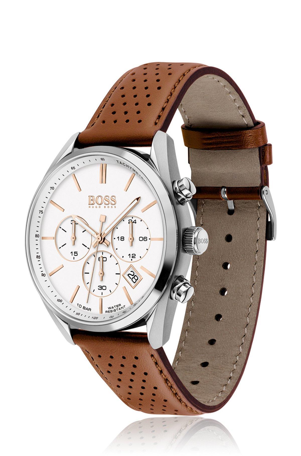 White-dial chronograph watch with perforated leather strap Product Image