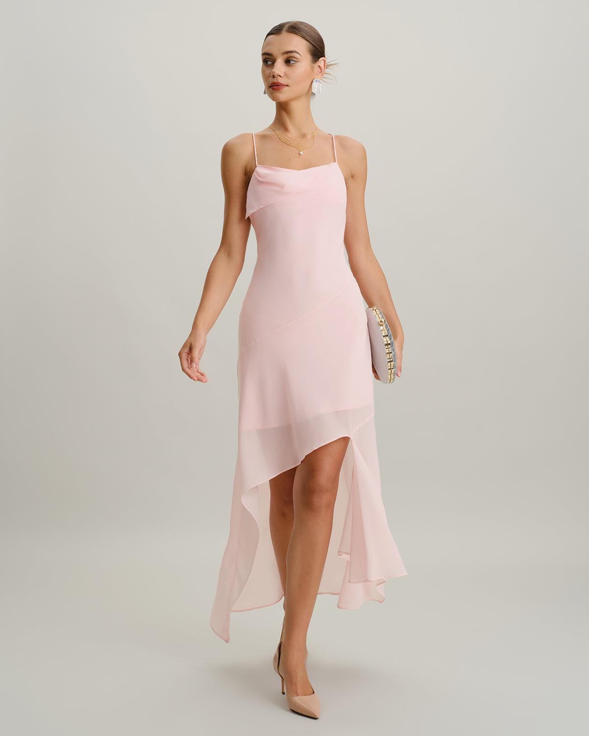 Pink Chiffon A-Line Slip Midi Dress Product Image
