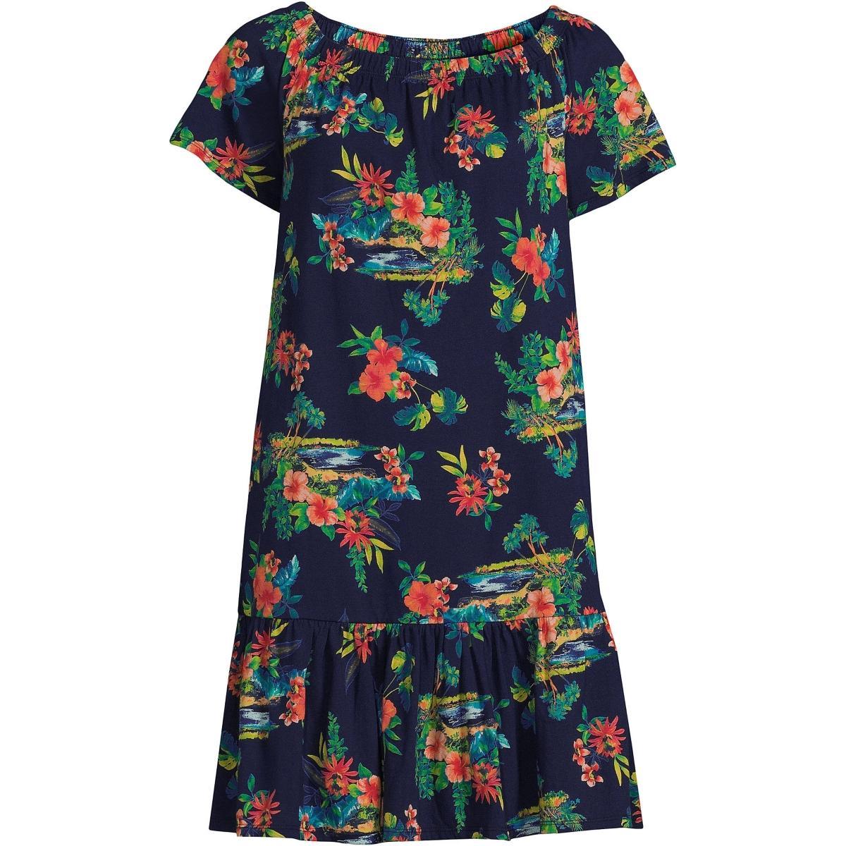 Womens Lands End Off the Shoulder Ruffled Swim Cover-Up Dress Blue Tropical Scenic Product Image