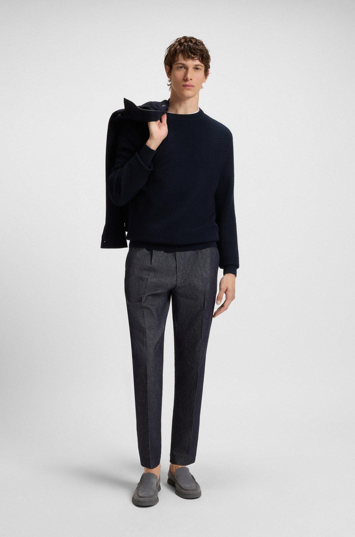 BOSS - Cotton sweater with mixed structures - Dark Blue Product Image
