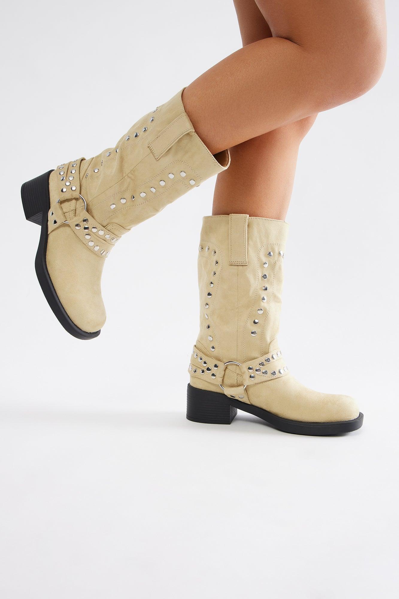 Riley Studded Knee High Boots - Beige Product Image