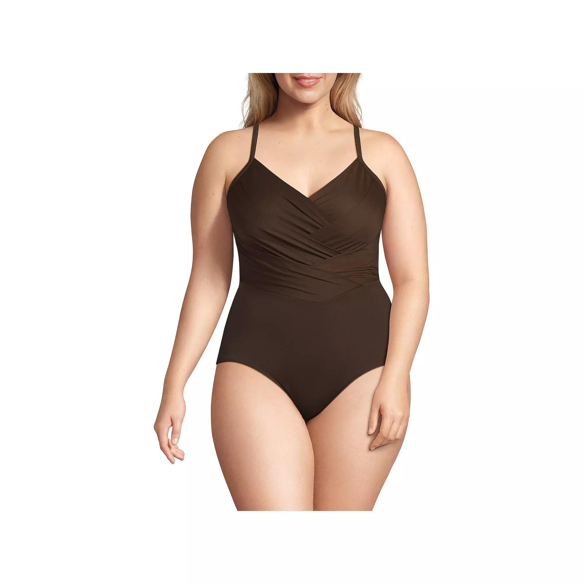 Plus Size Lands End Slender Suit Pleated X-Back One-Piece Swimsuit, Womens Product Image