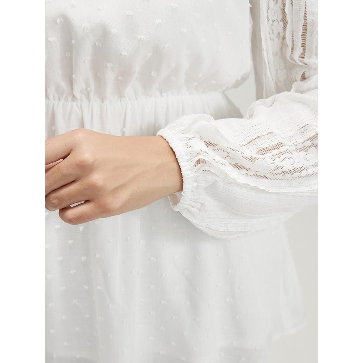 Plus Size WhiteSmoke Solid Lace Patchwork Lantern Sleeve Blouse Women Elegant Long Sleeve V-neck Dailywear Blouses BloomChic 10/M Product Image