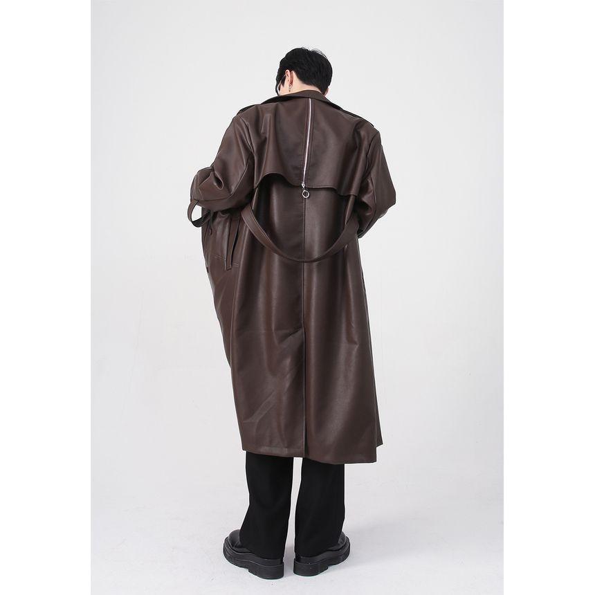 Lapel Collared Faux Leather Double Breasted Long Coat Product Image
