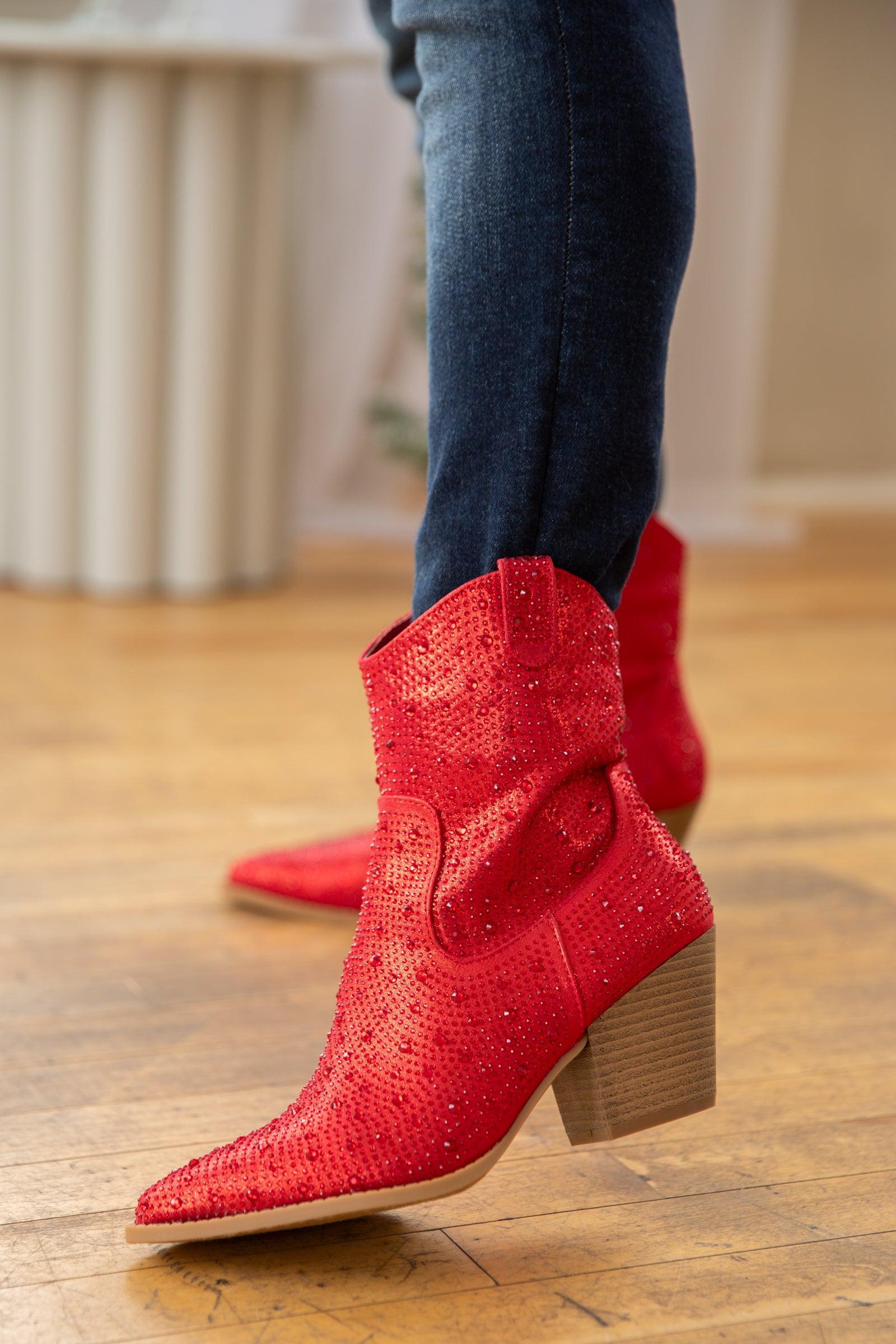 Red Point Toe Booties With Rhinestones Product Image