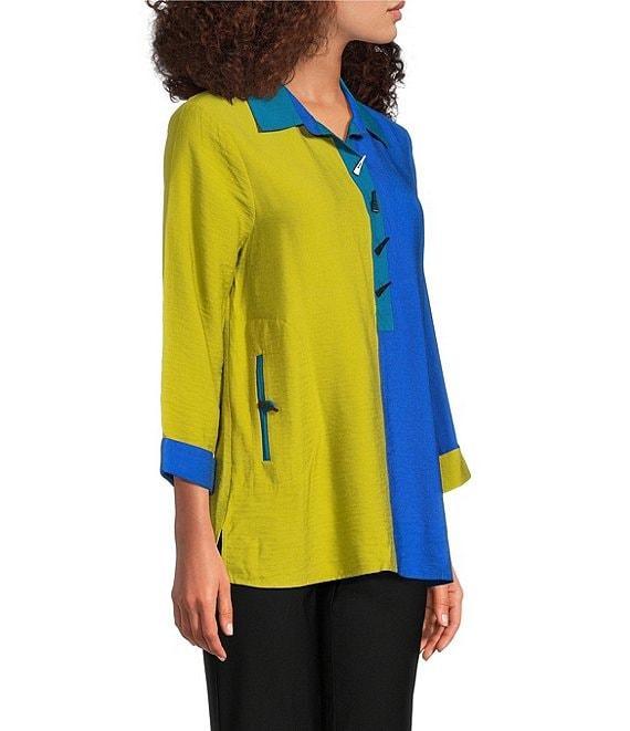 Ali Miles Color Block Point Collar 3/4 Cuff Sleeve Front Button Pop-Over Tunic Product Image