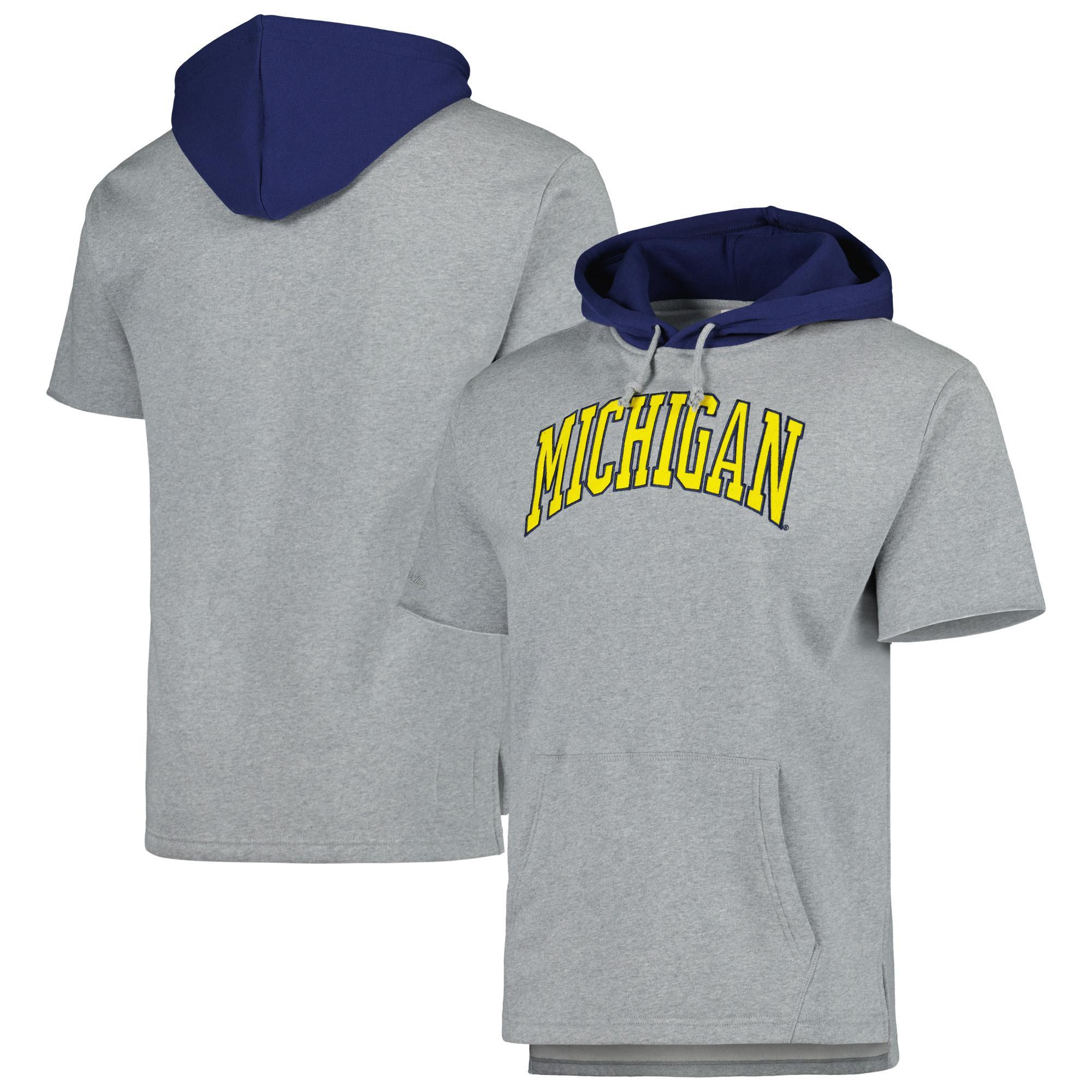 Mens Mitchell & Ness Heather Gray Michigan Wolverines PostgameShort Sleeve Pullover Hoodie Product Image