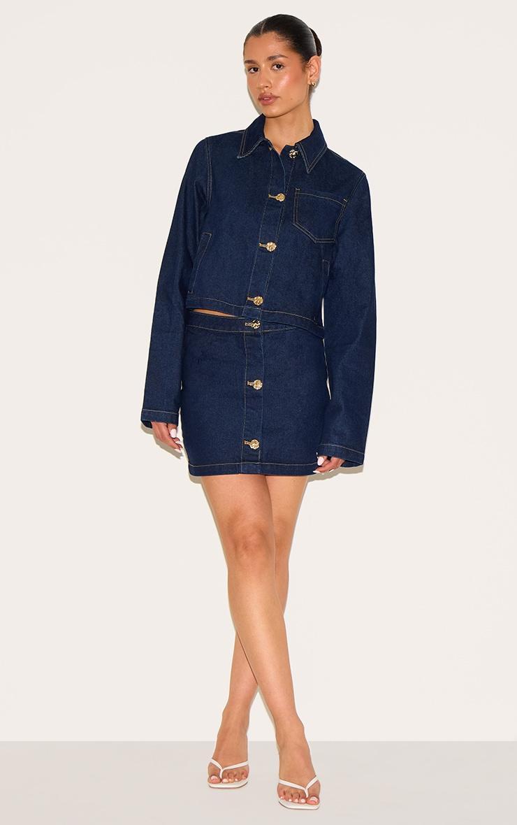 Tall Dark Indigo Button Trim Long Sleeve Denim Shirt Product Image