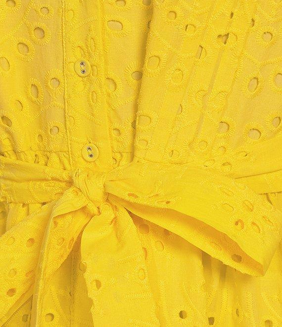 Gibson & Latimer Eyelet Split Round Neck Elbow Puff Sleeve Button Down Belted Scallop Hem Pocketed A-Line Dress Product Image