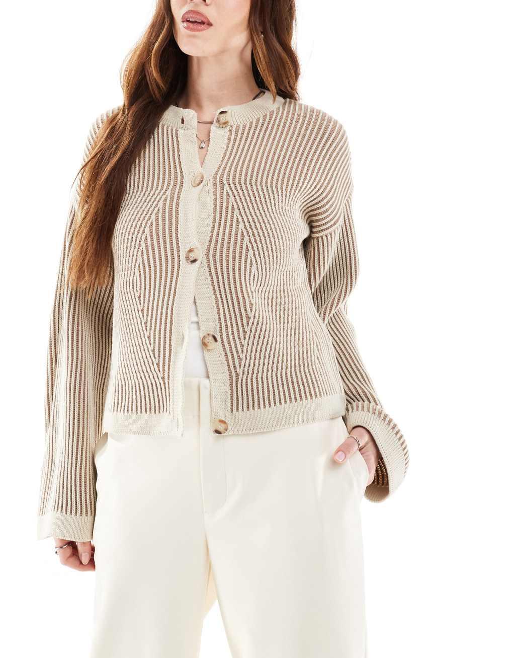 ASOS DESIGN crew neck cardigan with plated detail in neutral Product Image