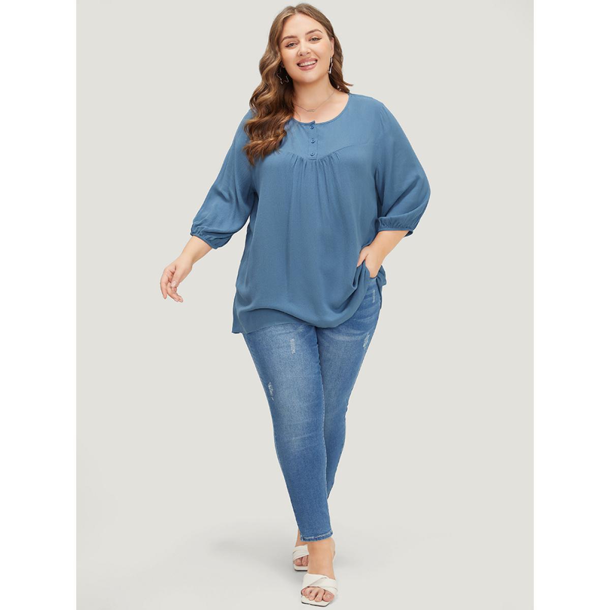 Plus Size Stone Plain Button Up Gathered Lantern Sleeve Blouse Women Elegant Elbow-length sleeve Round Neck Dailywear Blouses BloomChic 14-16/1X Product Image