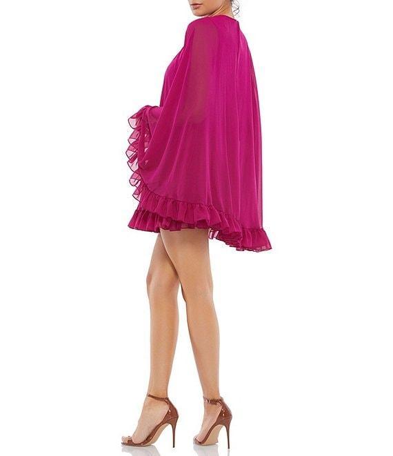 Mac Duggal Crew Neck Ruffle Hem Long Cape Sleeve Waistless Mini Dress Product Image