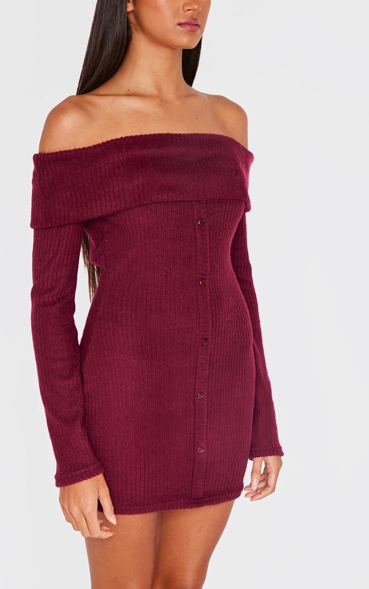 Burgundy Brushed Rib Button Down Bodycon Dress Product Image