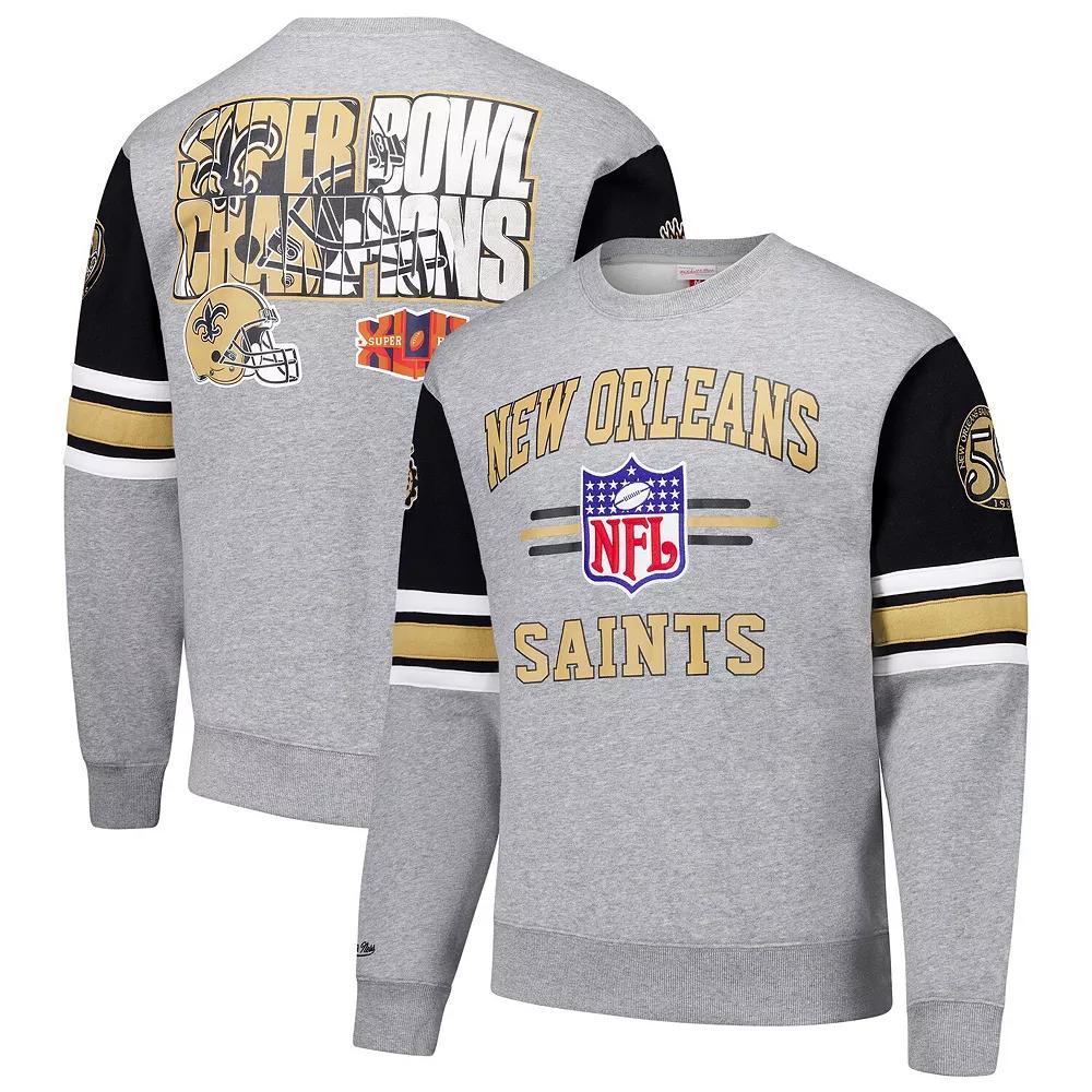 Men's Mitchell & Ness Heather Gray New Orleans Saints All Over 4.0 Vintage Logo Pullover Sweatshirt,  Product Image