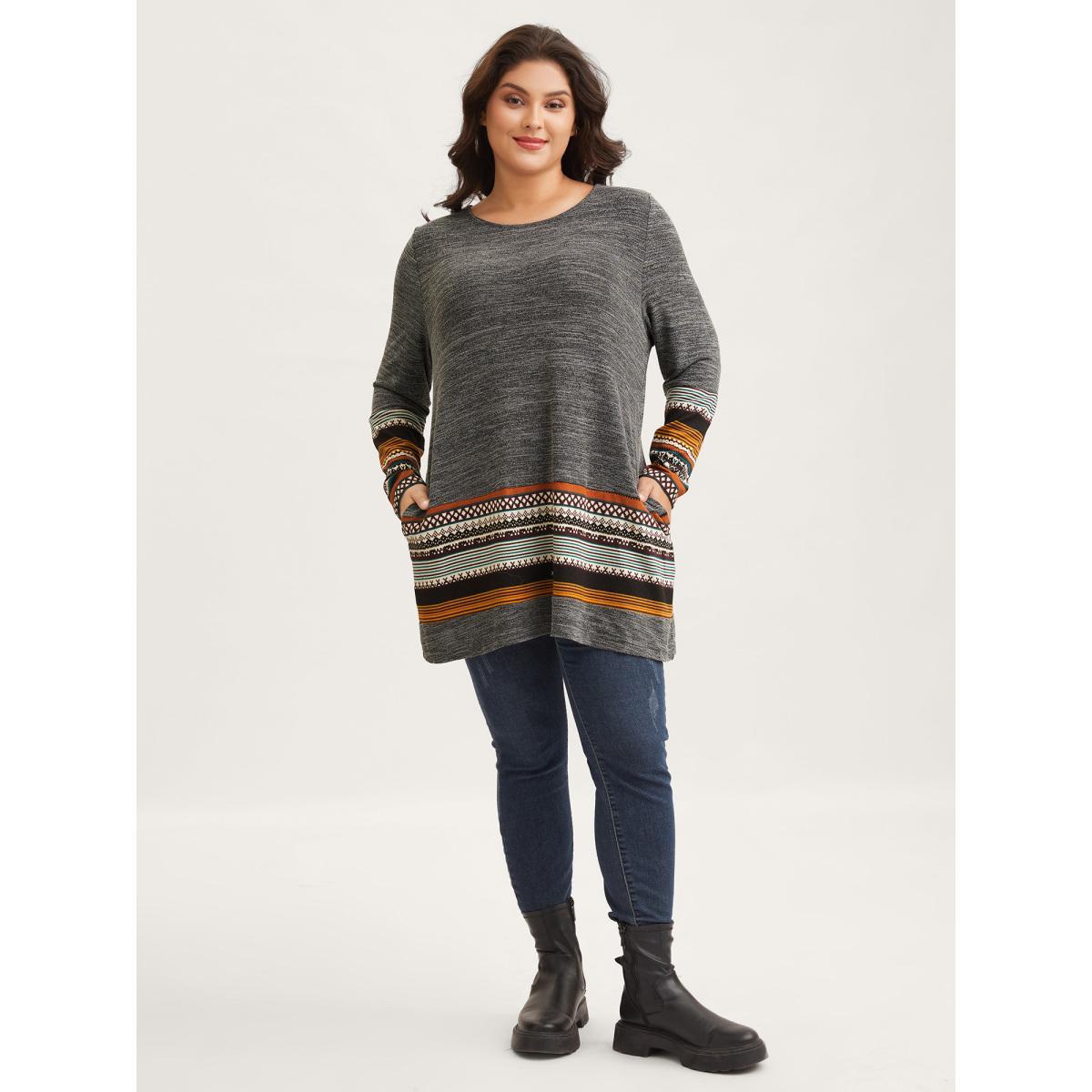 Plus Size Tunic Boho Print Pocket T-shirt DimGray Women Leisure Contrast Round Neck Loose Casual T-shirts BloomChic 30/6X Product Image