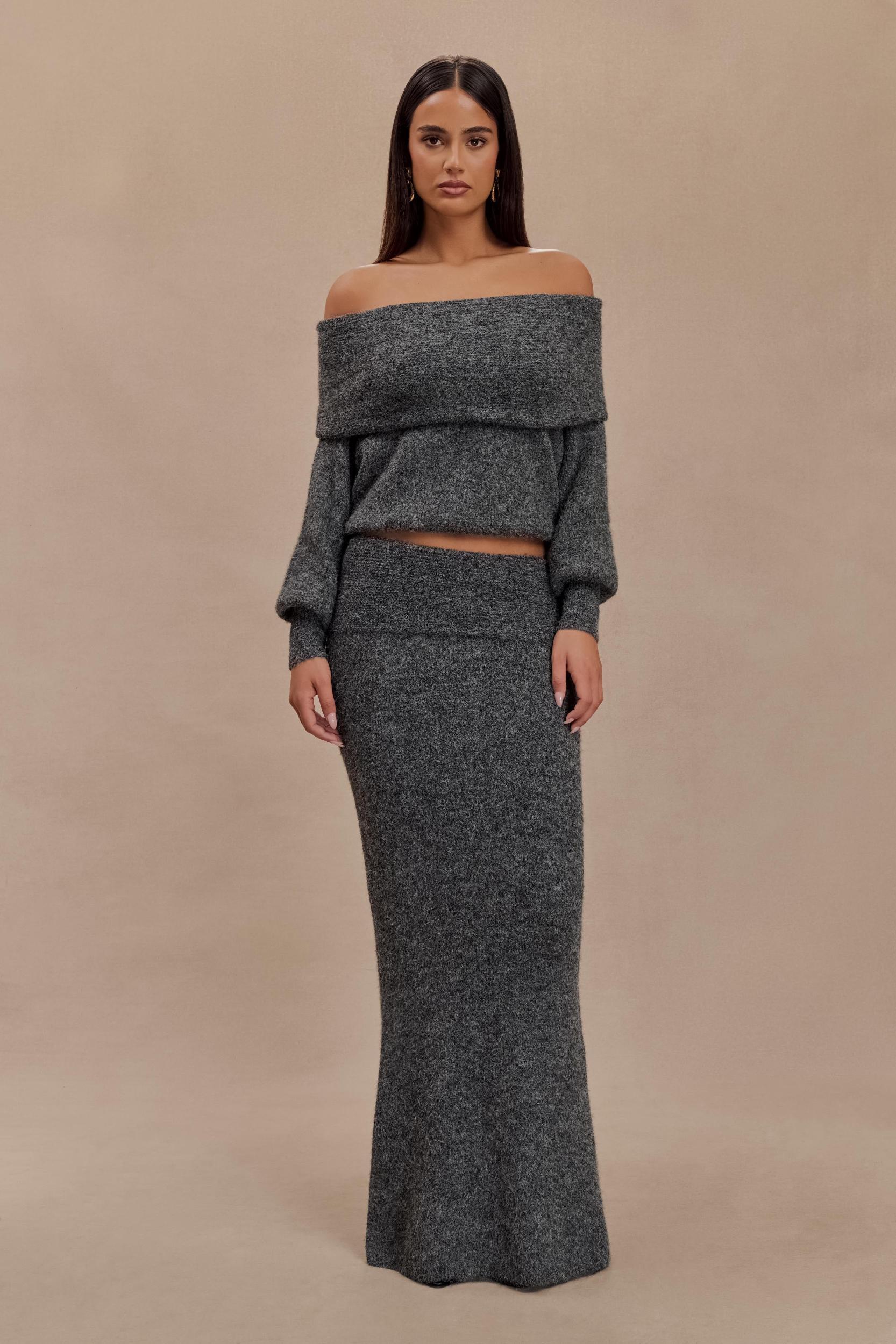 Charlotte Off Shoulder Knit Long Sleeve Top - Charcoal Marle Product Image