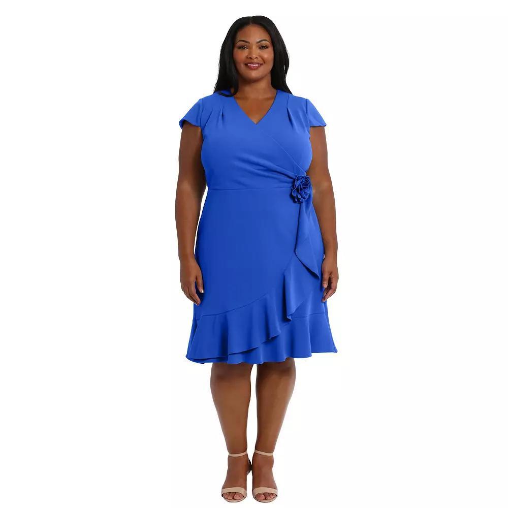 Plus Size London Times Rosette Wrap Cascade Ruffle Dress, Women's, Size: 18 W, Blue Product Image