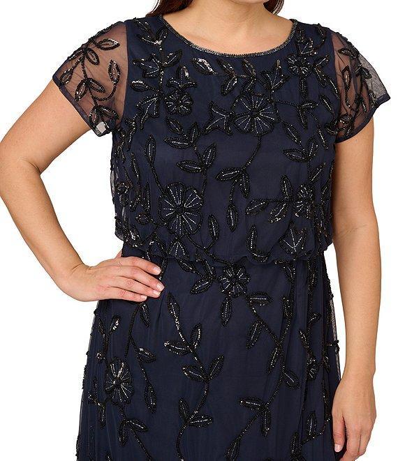 Adrianna Papell Plus Size Short Sleeve Boat Neck Beaded Blouson Gown Product Image