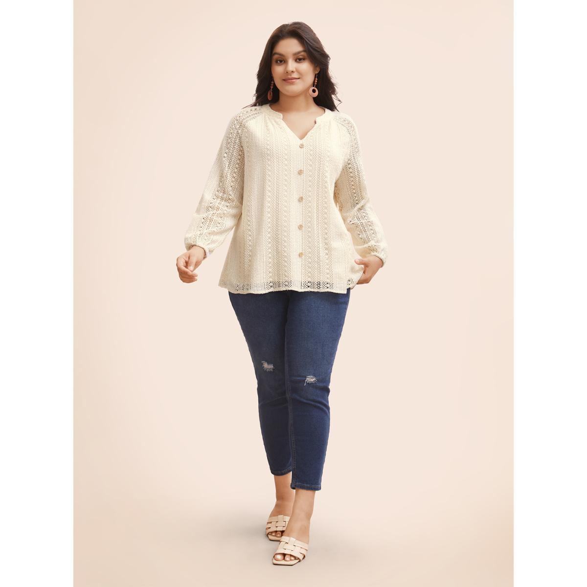 Plus Size Beige Notched Crochet Lace Raglan Sleeve Blouse Women Resort Long Sleeve Notched collar Vacation Blouses BloomChic 10/M Product Image