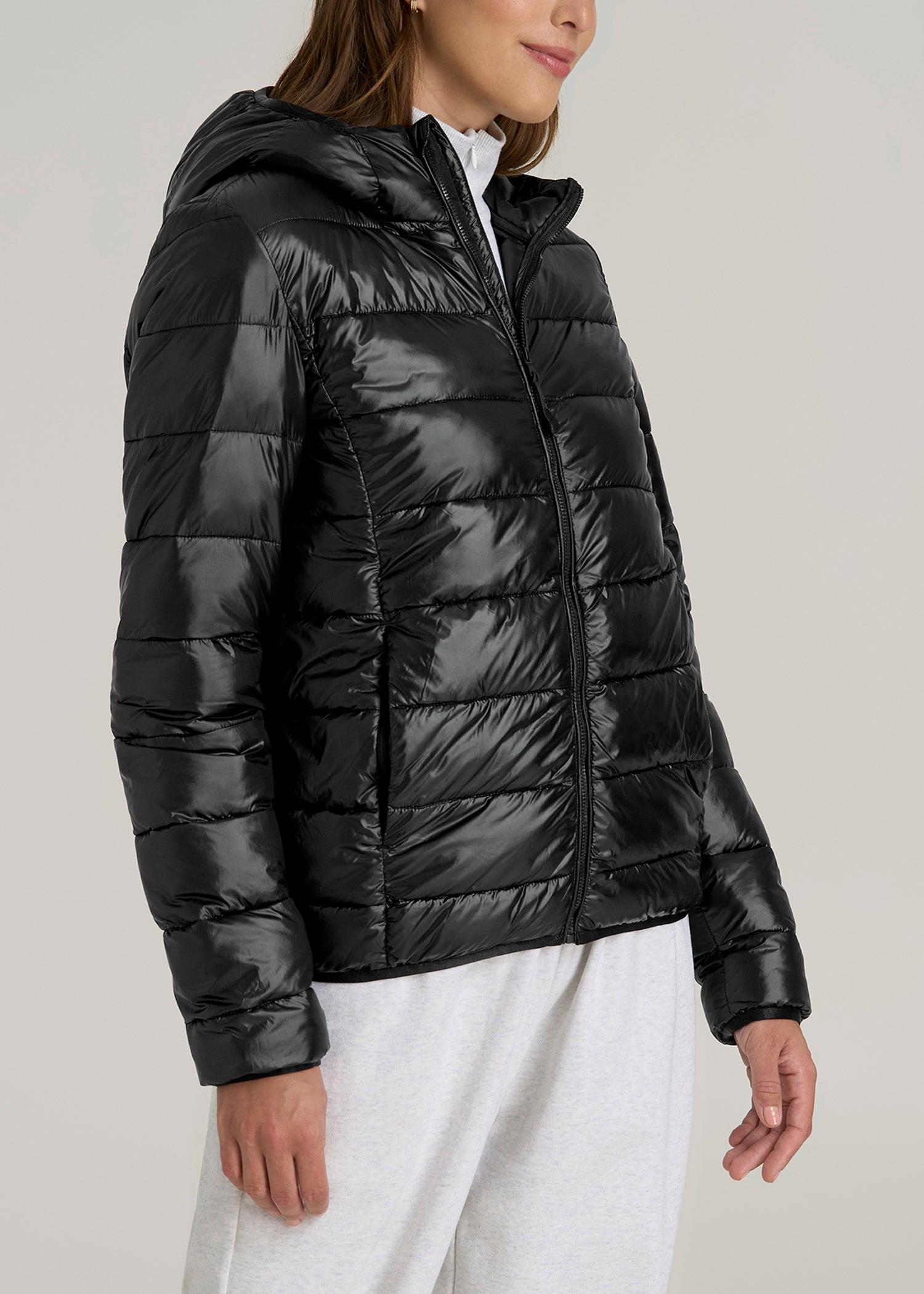 Packable Short Puffer Jacket for Tall Women in Glossy Black Female Product Image