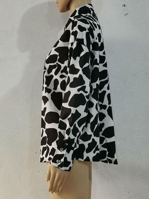 Long Sleeves Loose Contrast Color Printed Lapel Blouses Product Image