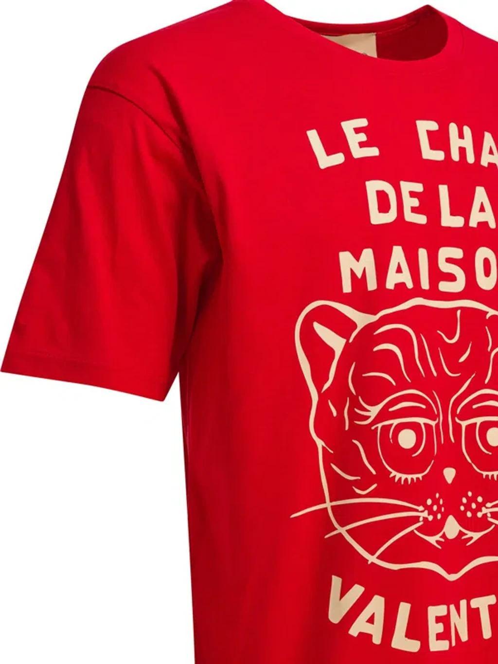 VALENTINO Graphic Print House Cat Crew Neck T-shirt In Red Product Image