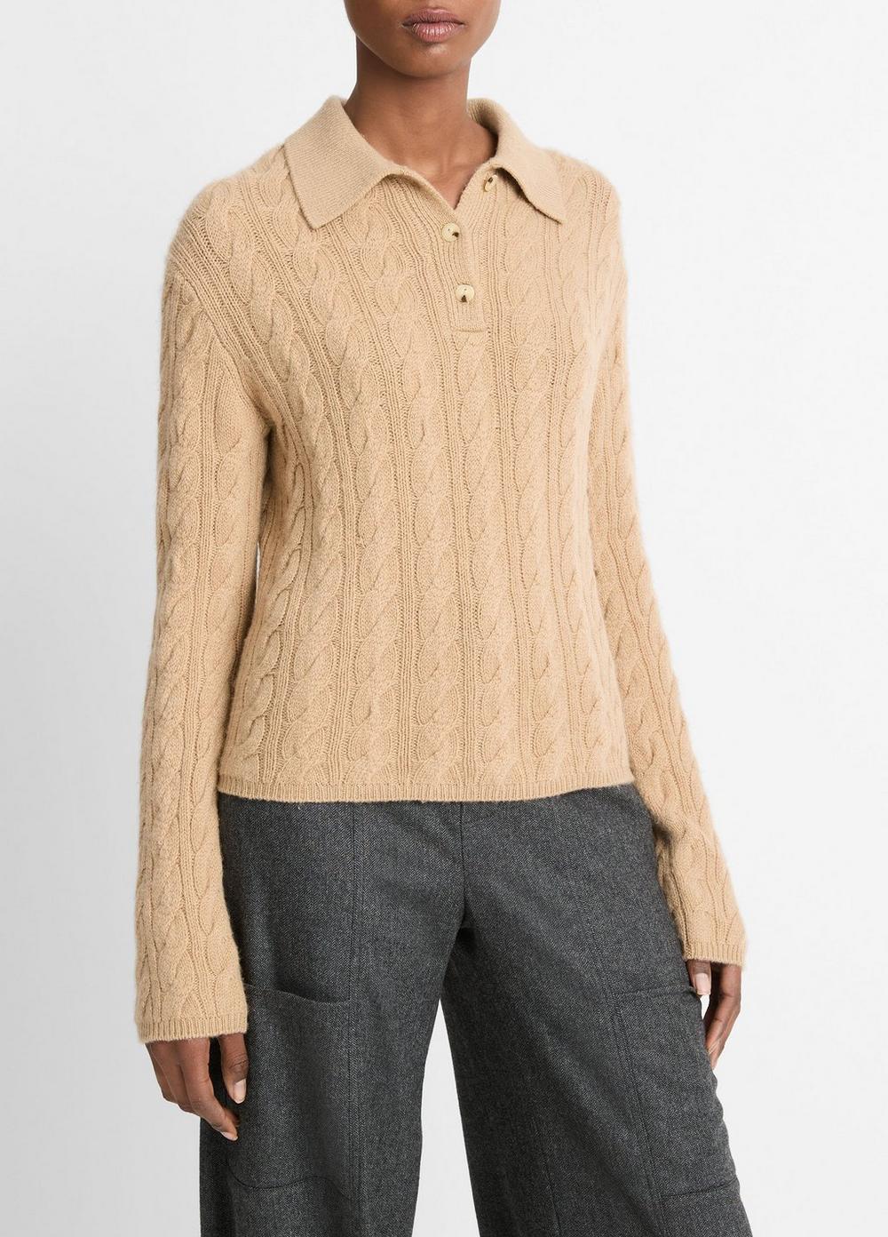 Cable-Knit Wool-Blend Polo Sweater Product Image