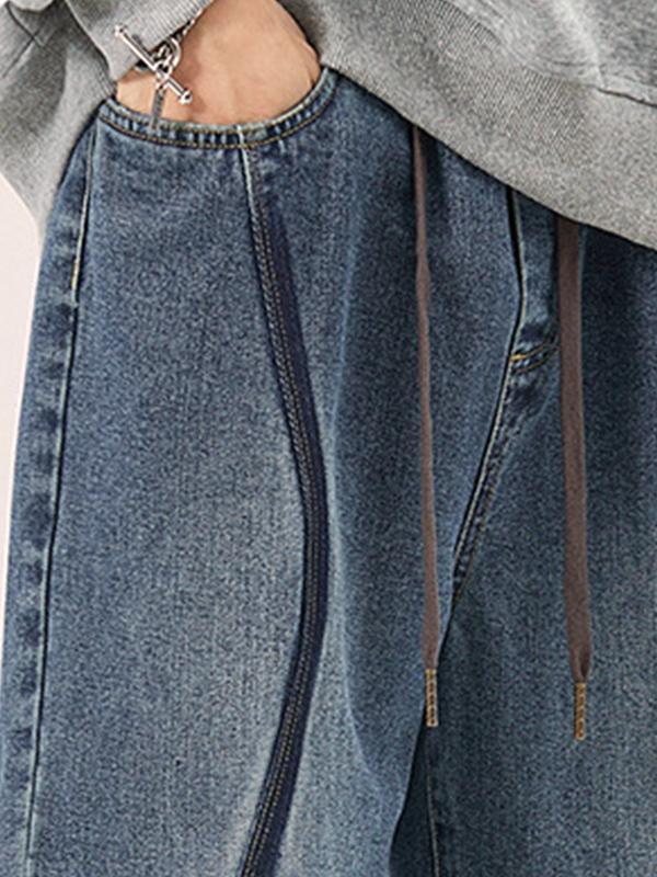 Men's Vintage Top-stitching Drawstring Loose Jeans Product Image