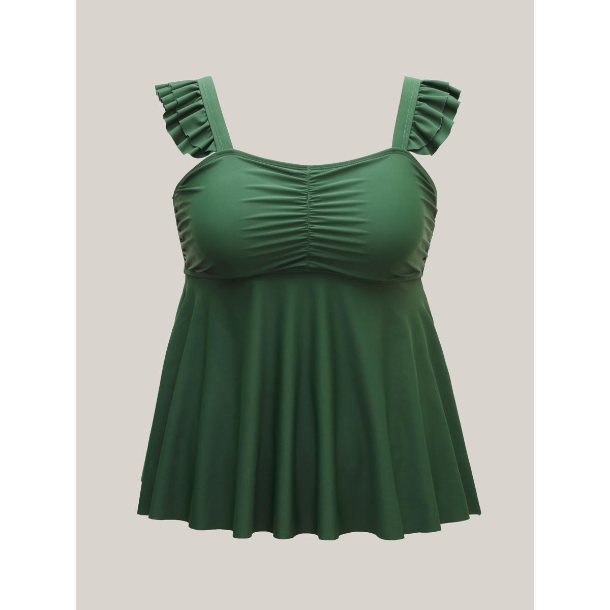 Plus Size Ruffled Straps Cinched Swim Dress Women's Swimwear ArmyGreen Beach Gathered High stretch Bodycon Heart neckline Curve Swim Tops BloomChic 14-16/1X Product Image
