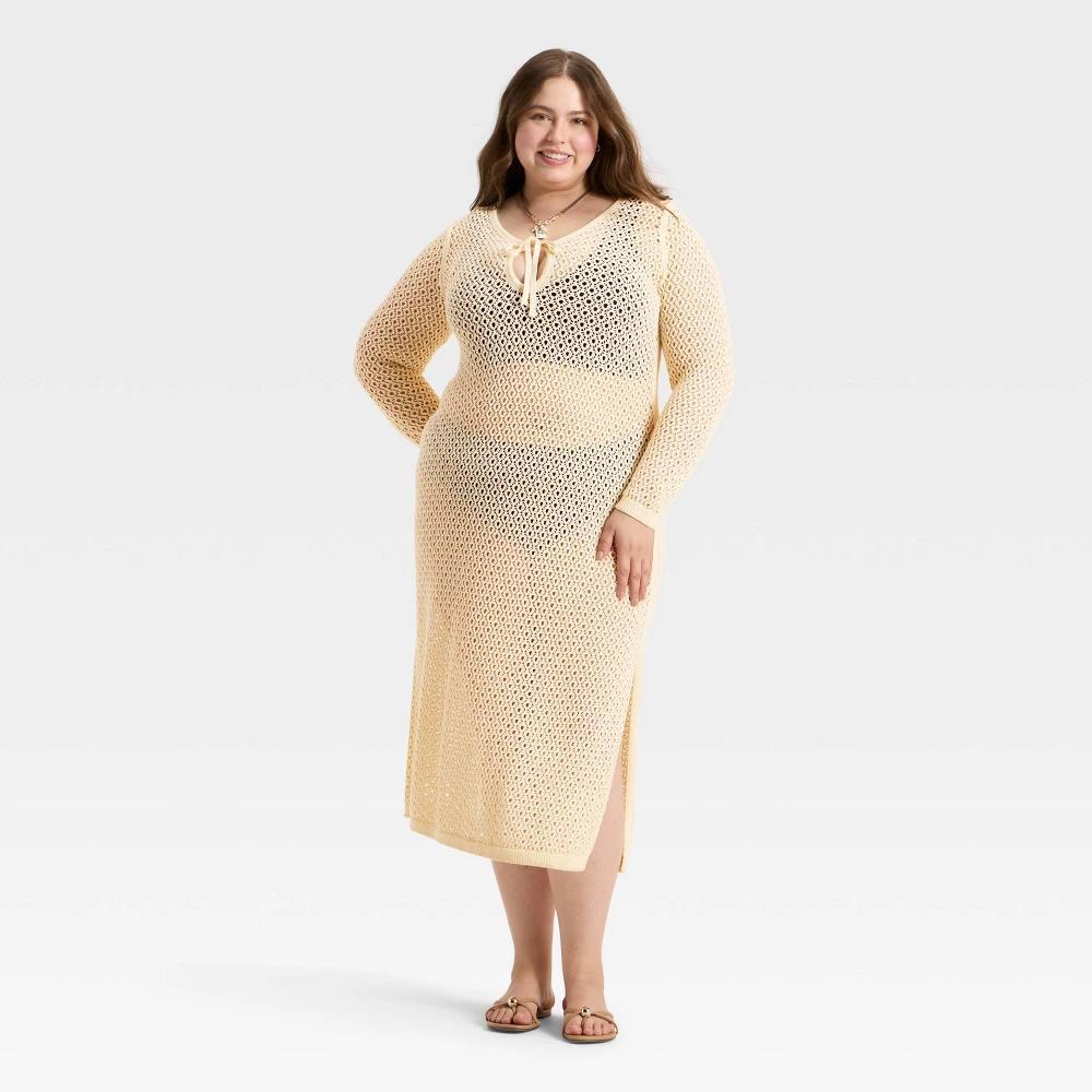 Women's Crochet-Style Long Sleeve Maxi Sweater Dress - A New Day™ Cream Product Image