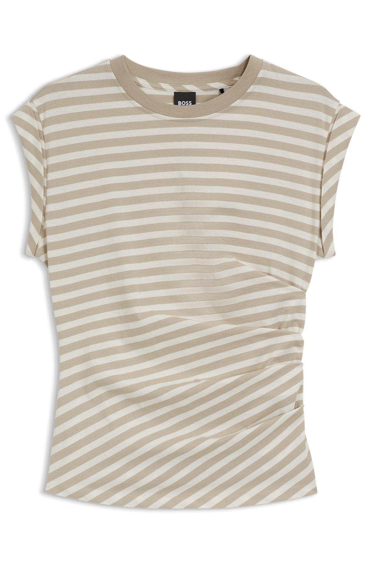 BOSS - Striped top in cotton jersey with gathered waist - Patterned Product Image