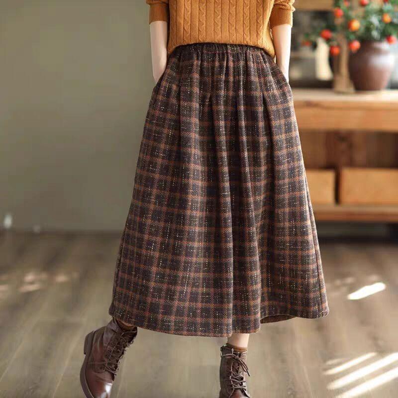 Elastic Waist Plaid Midi A-Line Skirt Product Image