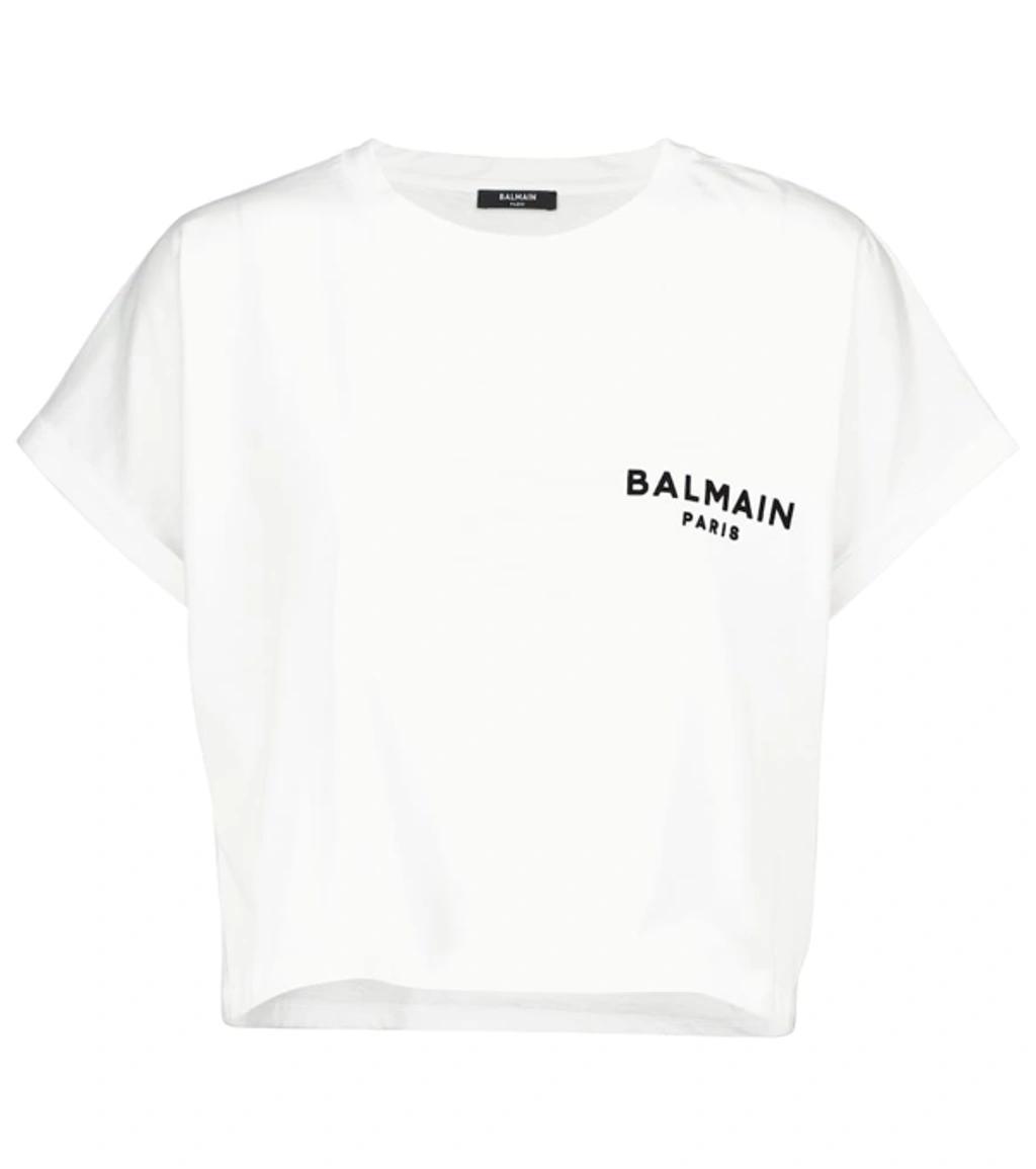 BALMAIN Cropped Flocked Cotton-jersey T-shirt In White Silver Product Image