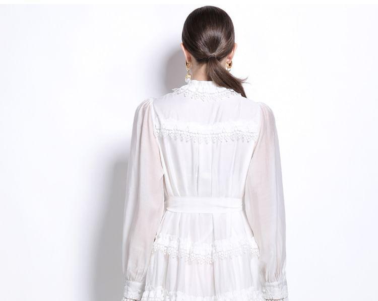 Long Sleeve Band Collar Plain Tiered Button Panel Lace Maxi A-Line Dress Product Image