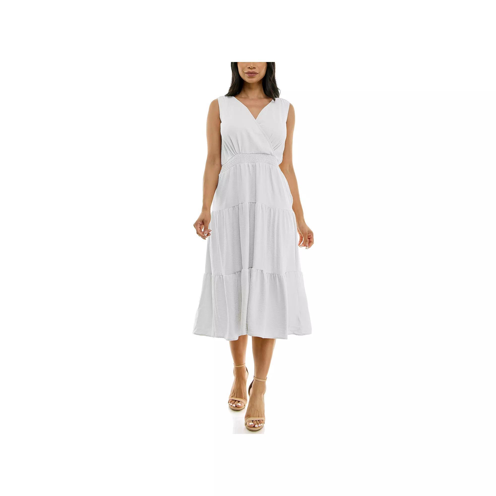 Women's Nina Leonard Tiered Smocked Midi Dress, Size: Large, White Product Image